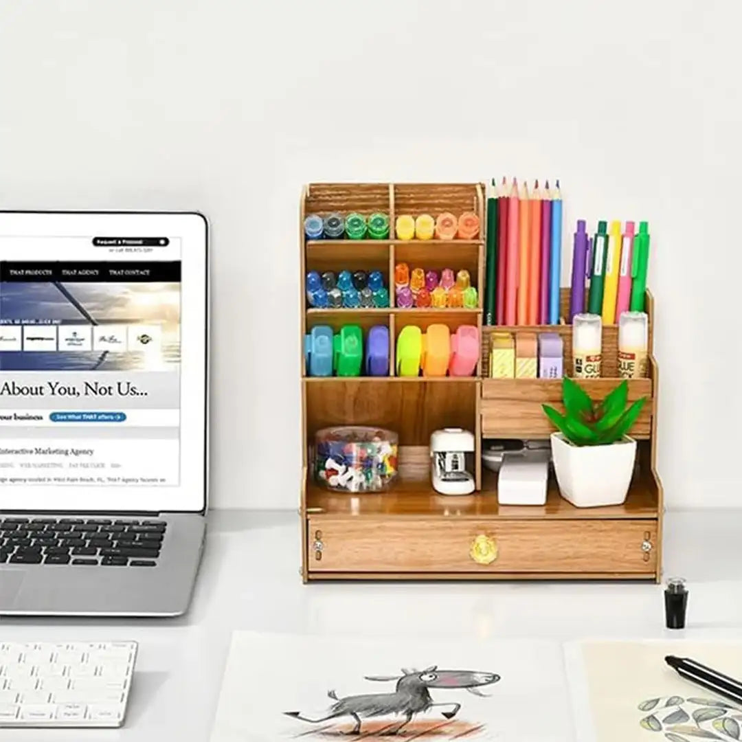 All in One DIY Desk Caddy - Wooden Organizer for Crayons, Pens, Notes & Supplies