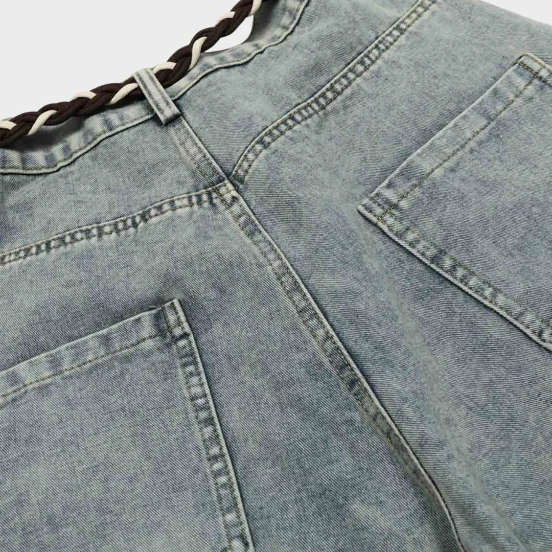 Barrel-Wave Patchwork Denim with Braided Belt