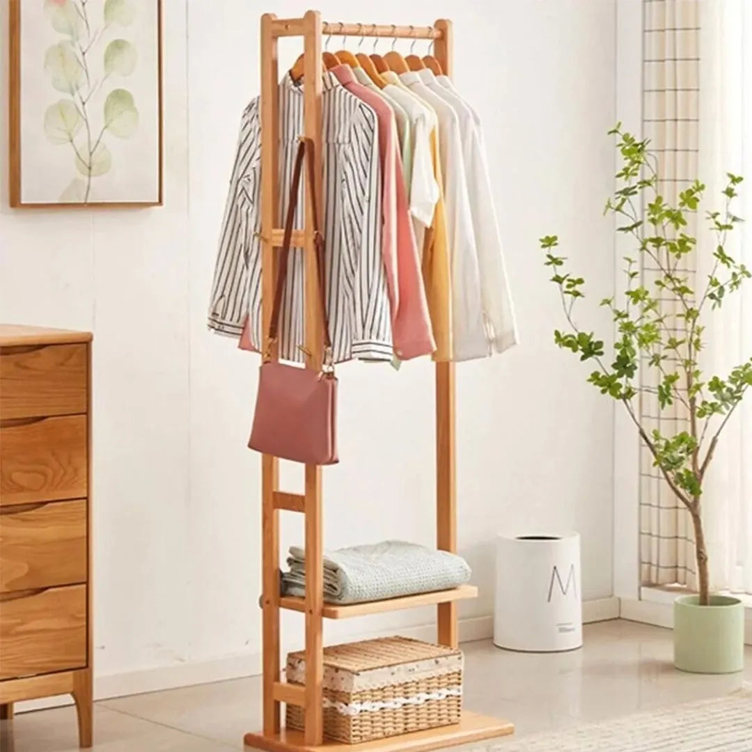 Heavy Duty Freestanding Bamboo Coat Rack with Hooks and Storage Shelves