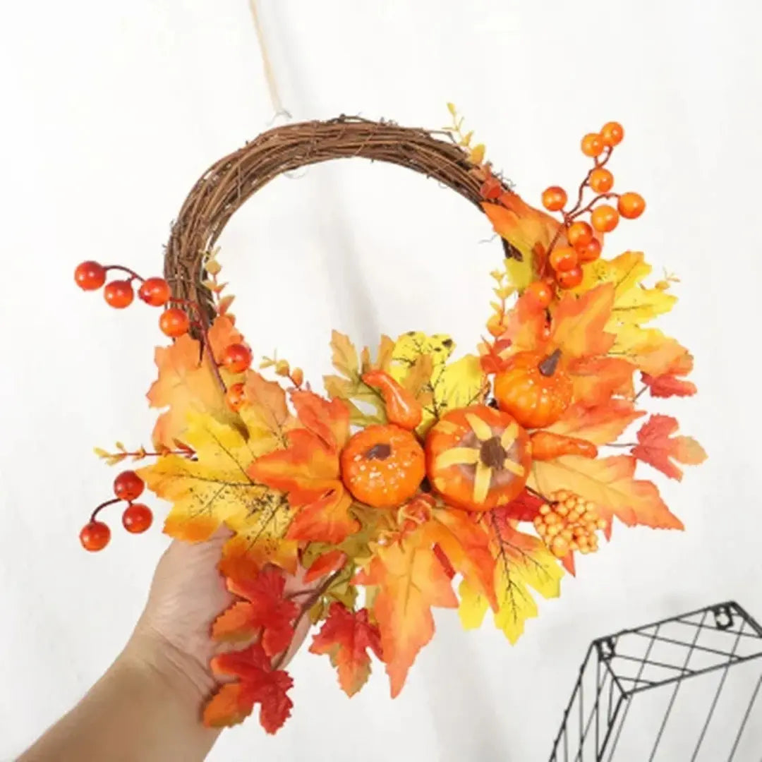 Fall Harvest Pumpkin Maple Leaf Wreath - Autumn Door Decoration