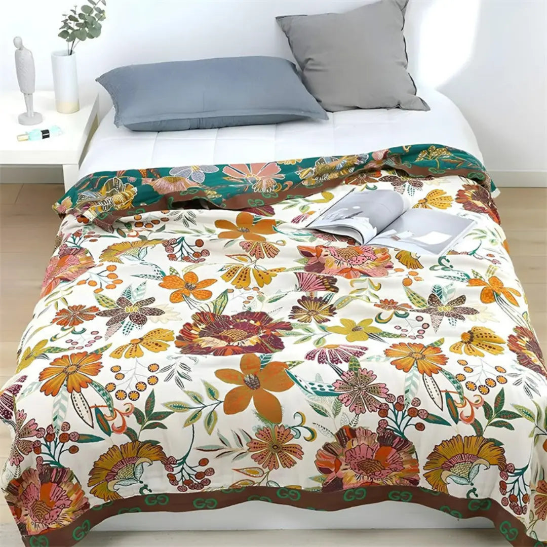 Calora Bohemian Cotton Gauze Quilt - Reversible Lightweight Floral Bedspread