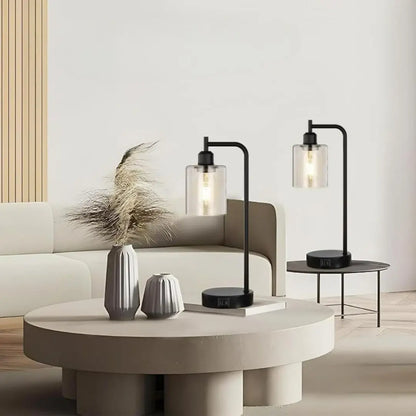 Industrial Glass Bedside Lamps - 3-Way Touch Dimming and USB A+C Charging