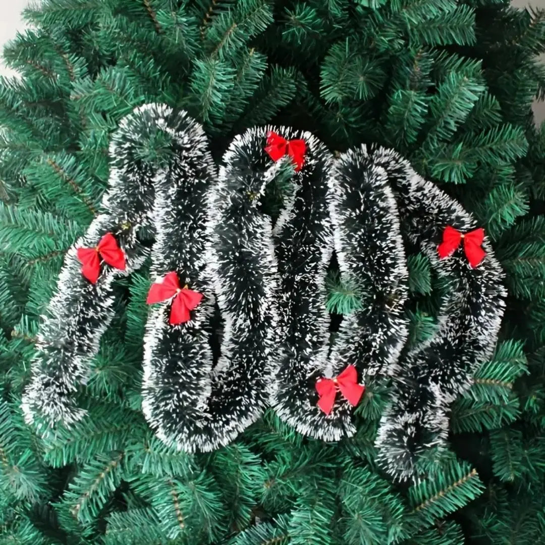 Christmas Rattan Garland - Dark Green with White Edge Strips Snowflake Decorative Vine