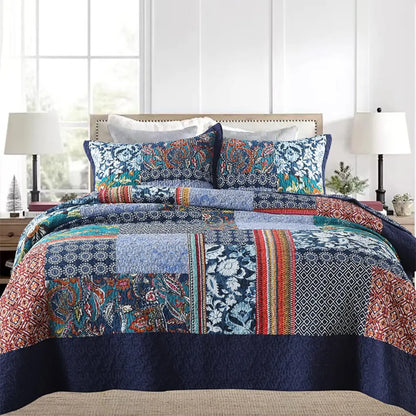 Avenia Bohemian Patchwork Bedspread Coverlet Set - Navy Blue Cotton Quilt with Floral Plaid Design