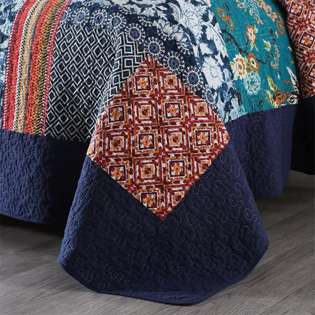 Avenia Bohemian Patchwork Bedspread Coverlet Set - Navy Blue Cotton Quilt with Floral Plaid Design