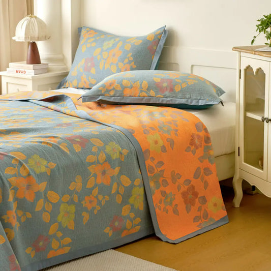 Zeyra Boho Breathable Cotton Gauze Quilt - 3-Layer Reversible Floral and Geometric Blanket