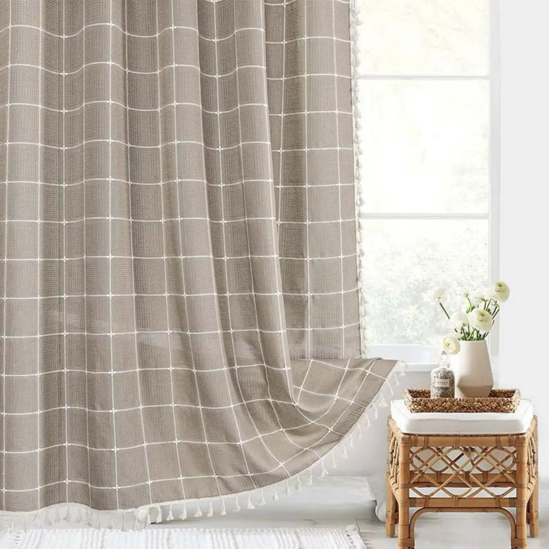 Liora Boho Farmhouse Shower Curtain - Linen Fabric with Tassels and Waterproof Coating