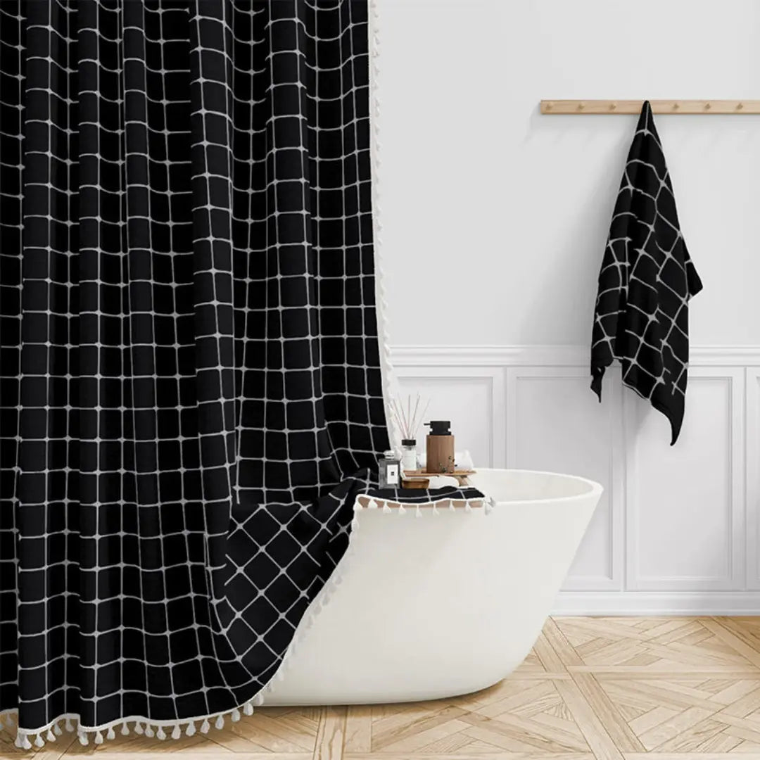 Liora Boho Farmhouse Shower Curtain - Linen Fabric with Tassels and Waterproof Coating