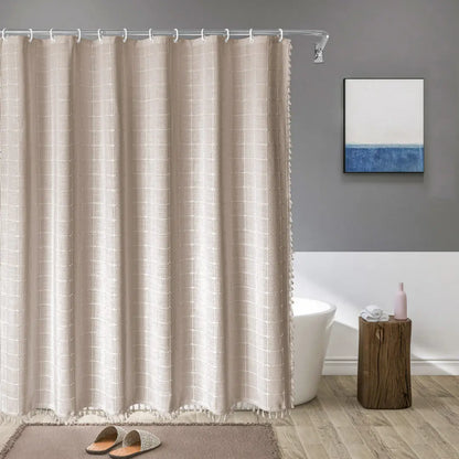 Liora Boho Farmhouse Shower Curtain - Linen Fabric with Tassels and Waterproof Coating