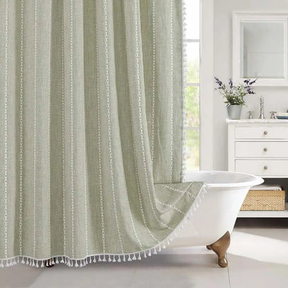Liora Boho Farmhouse Shower Curtain - Linen Fabric with Tassels and Waterproof Coating