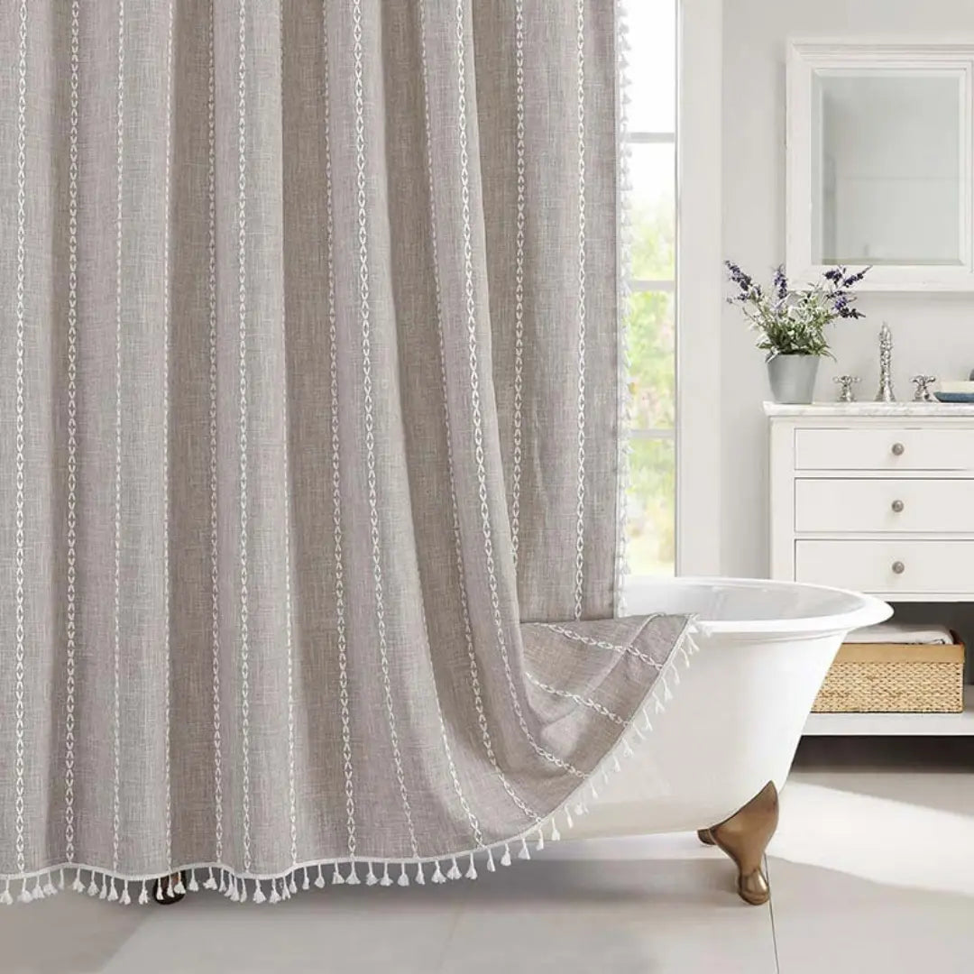Liora Boho Farmhouse Shower Curtain - Linen Fabric with Tassels and Waterproof Coating