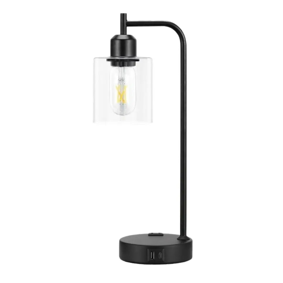 Industrial Glass Bedside Lamps - 3-Way Touch Dimming and USB A+C Charging