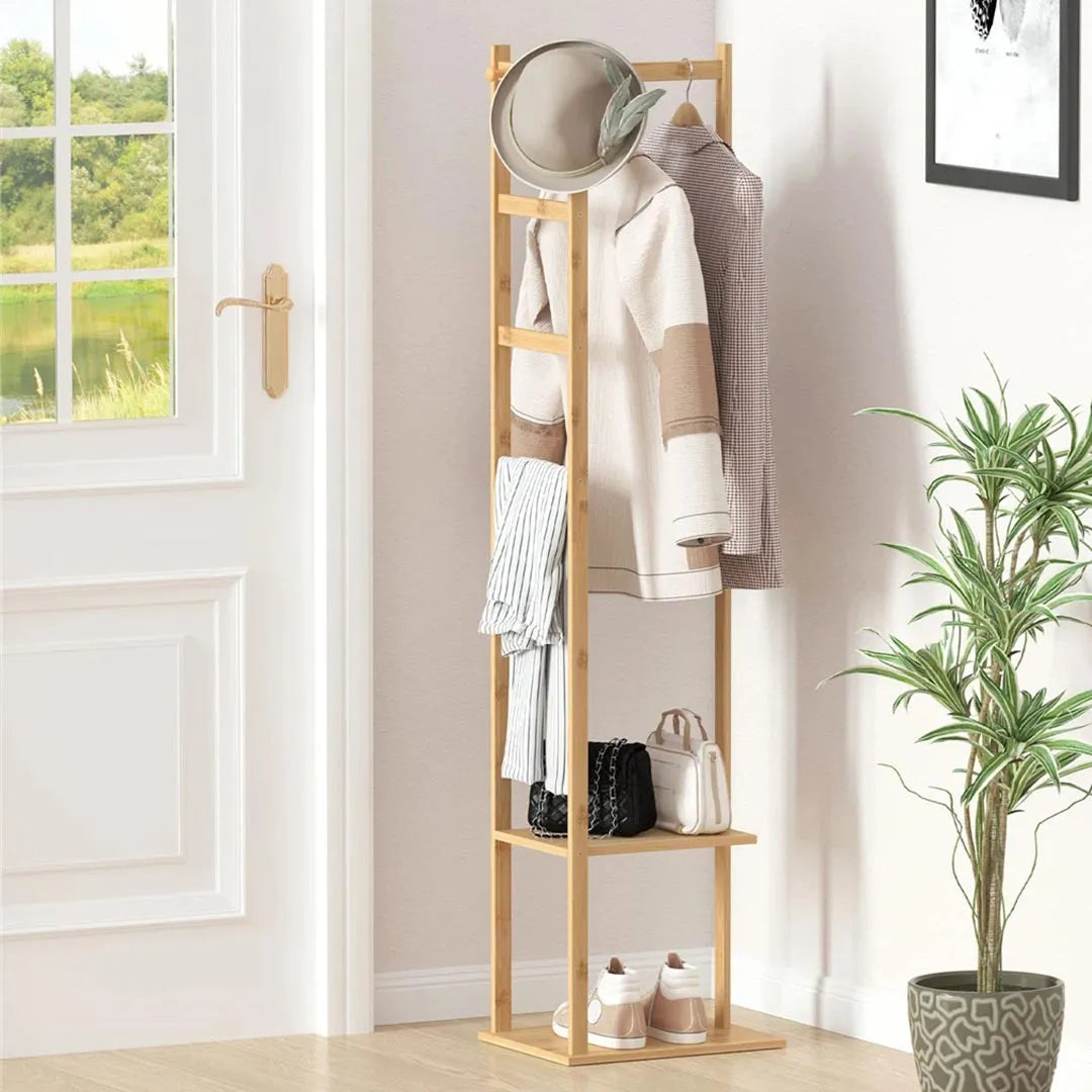 Heavy Duty Freestanding Bamboo Coat Rack with Hooks and Storage Shelves