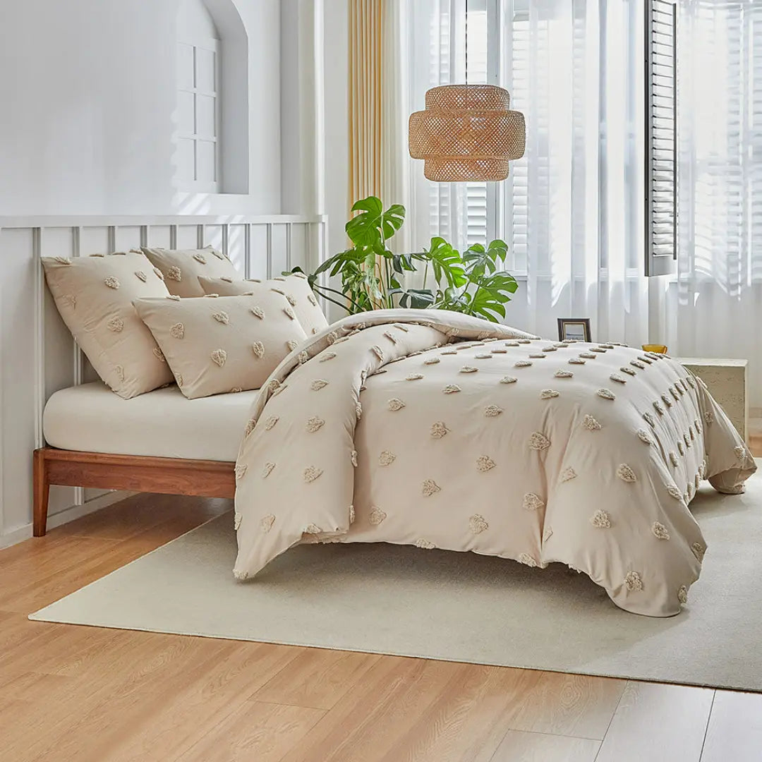 Merava 3-Piece Farmhouse Heart Comforter Cover Set - Chenille Tufted Duvet Cover with Pillowcases