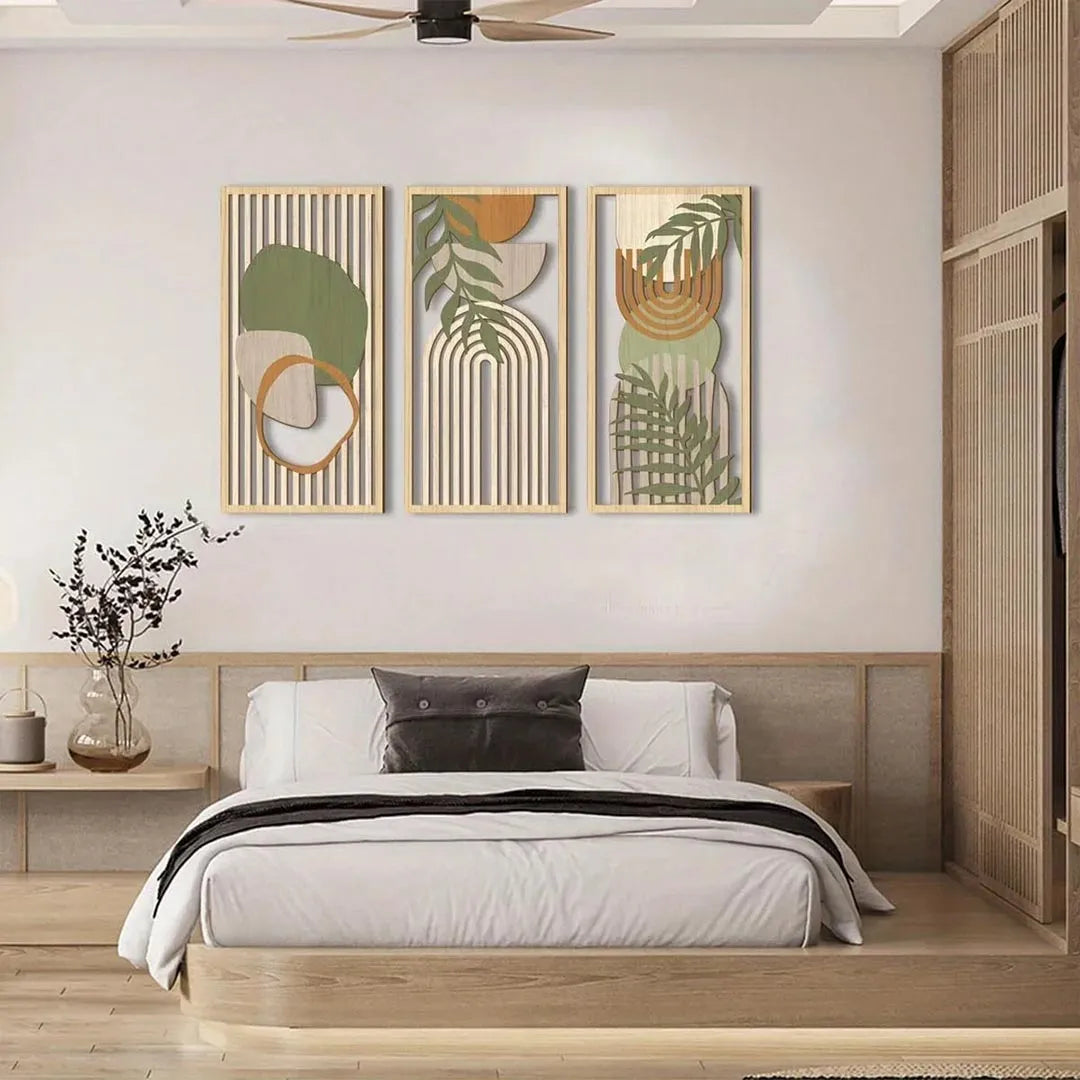 3 Piece Sage Green Abstract Wooden Wall Art