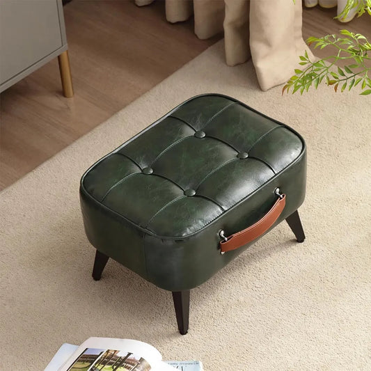 Minimalist Faux Leather Footstool Ottoman - Compact Pouffe Stool and Shoe Bench