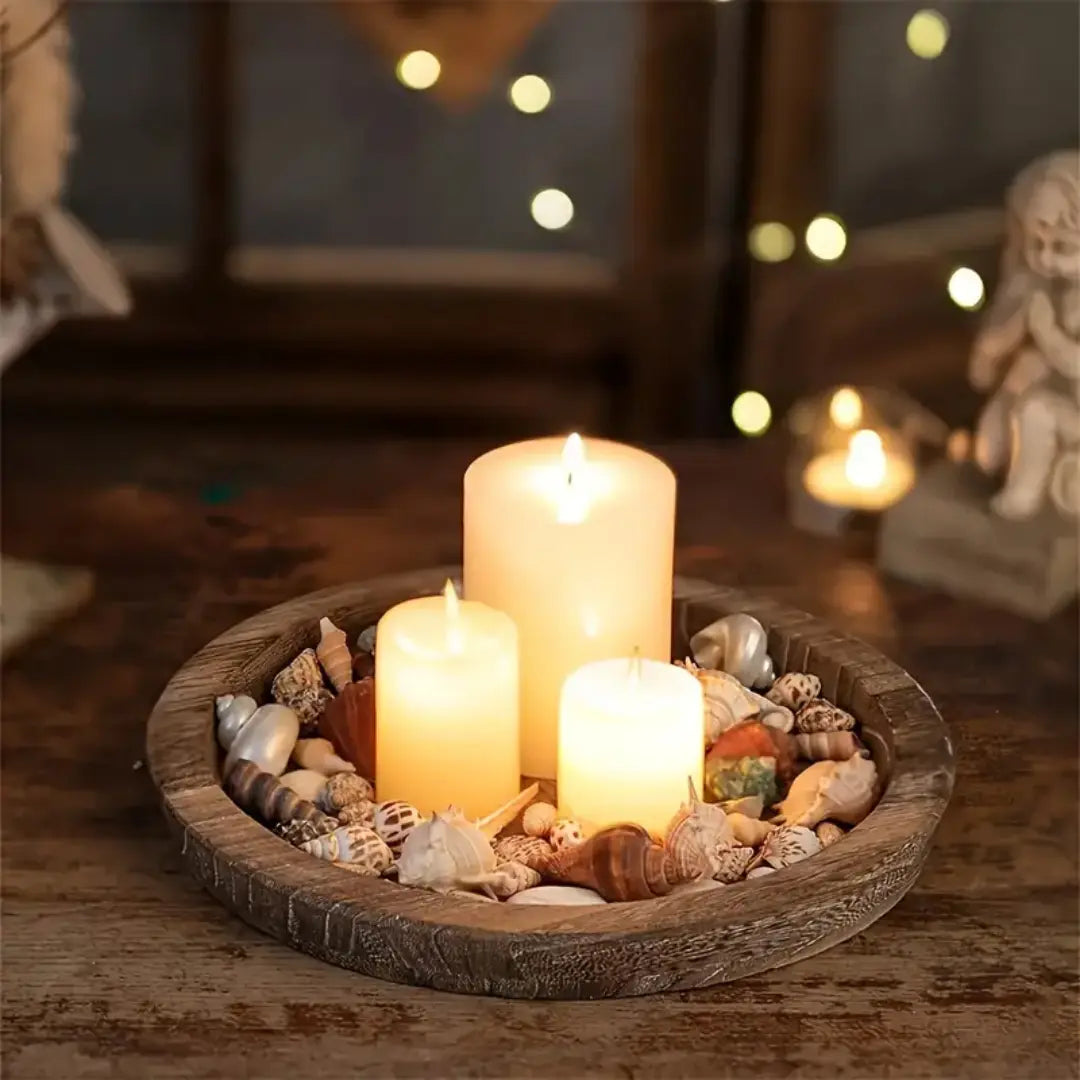 Round Wooden Candle Tray - Rustic Farmhouse Decor