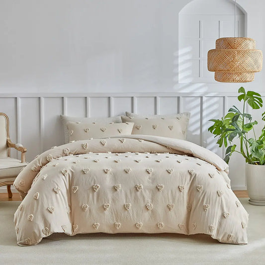 Merava 3-Piece Farmhouse Heart Comforter Cover Set - Chenille Tufted Duvet Cover with Pillowcases