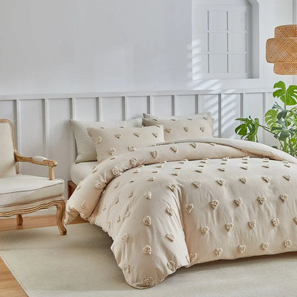 Merava 3-Piece Farmhouse Heart Comforter Cover Set - Chenille Tufted Duvet Cover with Pillowcases