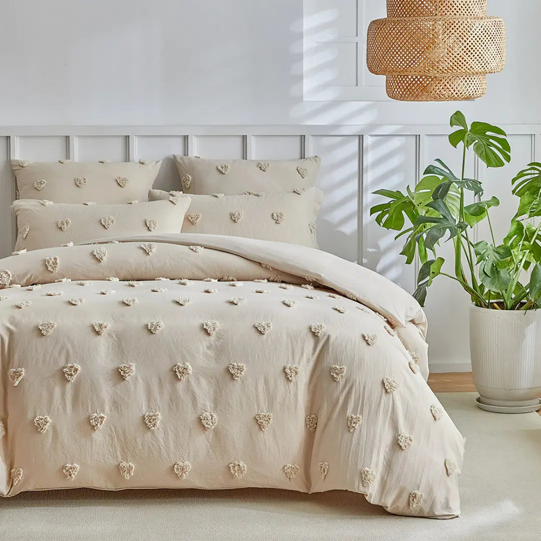 Merava 3-Piece Farmhouse Heart Comforter Cover Set - Chenille Tufted Duvet Cover with Pillowcases