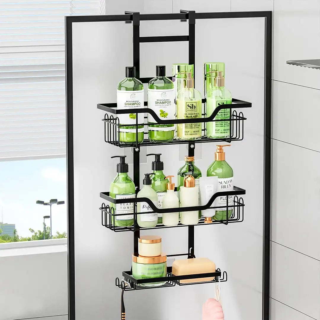 Drill-Free Bathroom Organizer Shelf - Over Door Hanging Rack for Shower Essentials