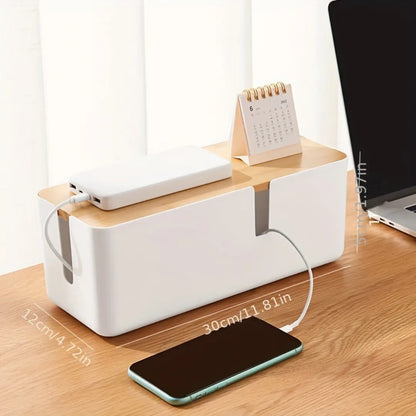 Cable Management Box with Bamboo Cover - Desk and Power Strip Organizer