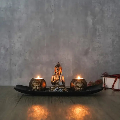 Zen Style Buddha Statue Candle Holder Tray - Polished Wooden Finish