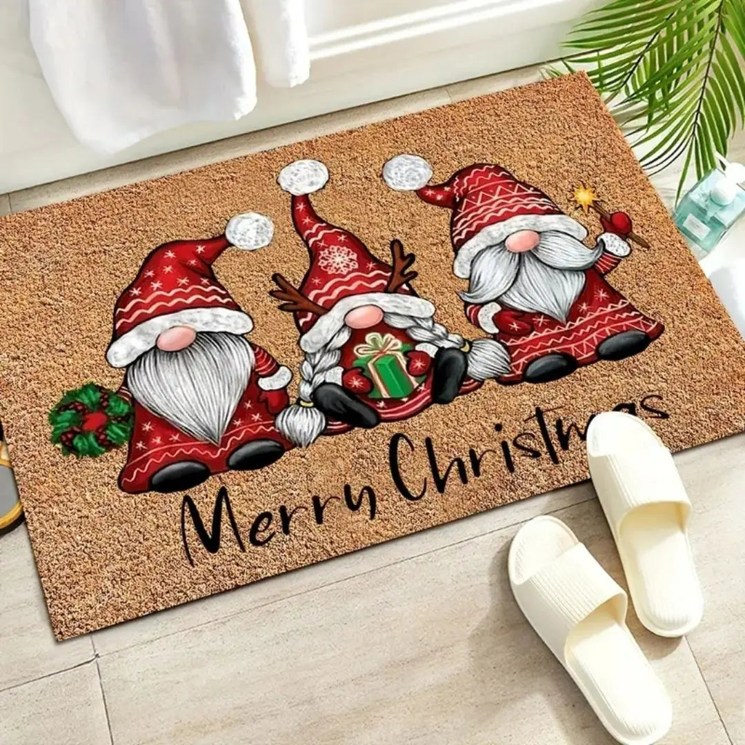 Christmas Gnome Welcome Doormat - Washable Non-Slip Entrance Mat with Rubber Backing