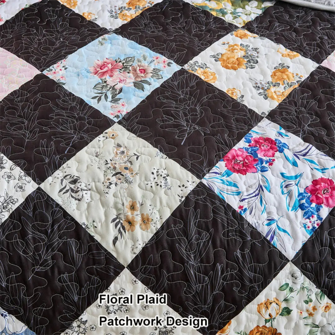 Florenza 3-Piece Floral Patchwork Quilt Set - Lightweight Microfiber Bedspread with Pillow Shams