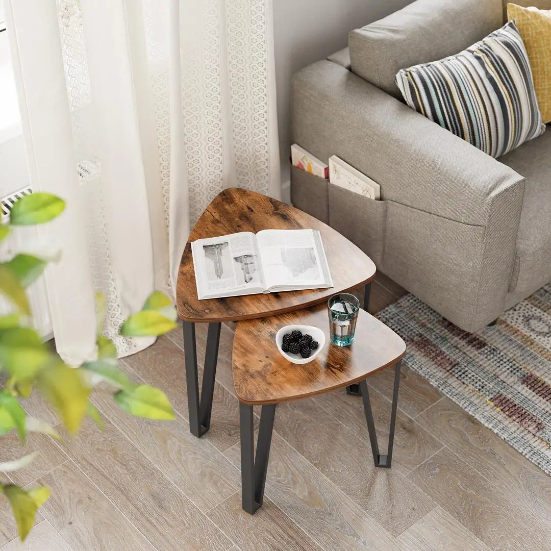 Space Saving Nesting Coffee Table Set of 3 - Rustic Wood and Black Metal Frame