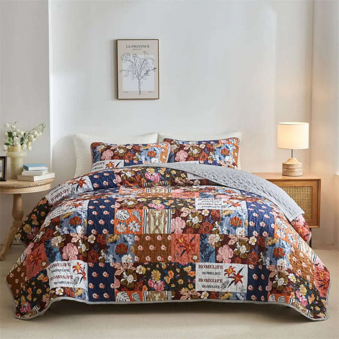 Florenza 3-Piece Floral Patchwork Quilt Set - Lightweight Microfiber Bedspread with Pillow Shams