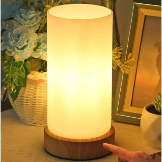 Warm Glass Bedside Lamp - 3-Way Dimmable with Wooden Base