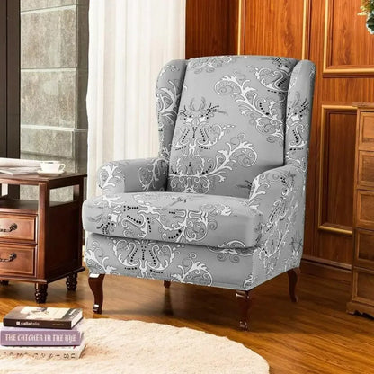 Velora 2-Piece Wingback Chair Covers - Stretch Jacquard Slipcover with Cushion Cover