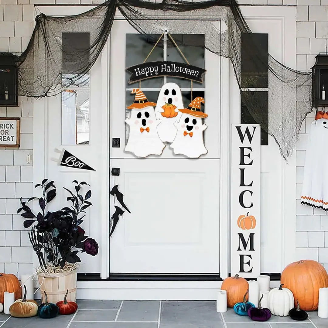 Halloween Wooden Hanging Sign - Ghosts & Pumpkin Design