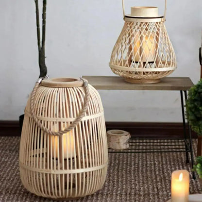 Rattan Lantern Candle Lights - Rustic Weave Charm with a Flameless Glow