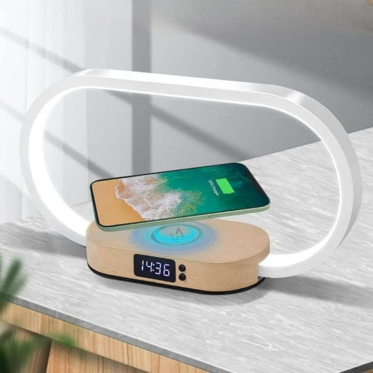White Wooden Bedside Lamp - Wireless Charger USB Port and Clock with 3-Mode Dimming