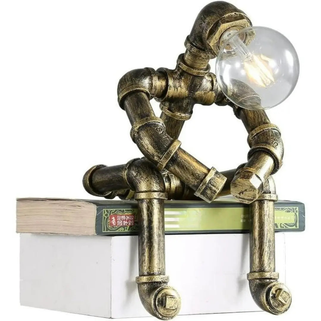 Steampunk Robot Pipe Table Lamp - Vintage Industrial Iron with E27 Bulb Socket