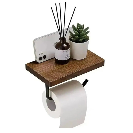 Wall Mounted Toilet Paper Holder with Natural Walnut Shelf