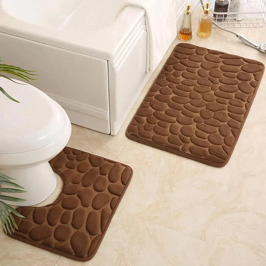 2PC Embossed Stone Pattern Non Slip Bath Mat Set