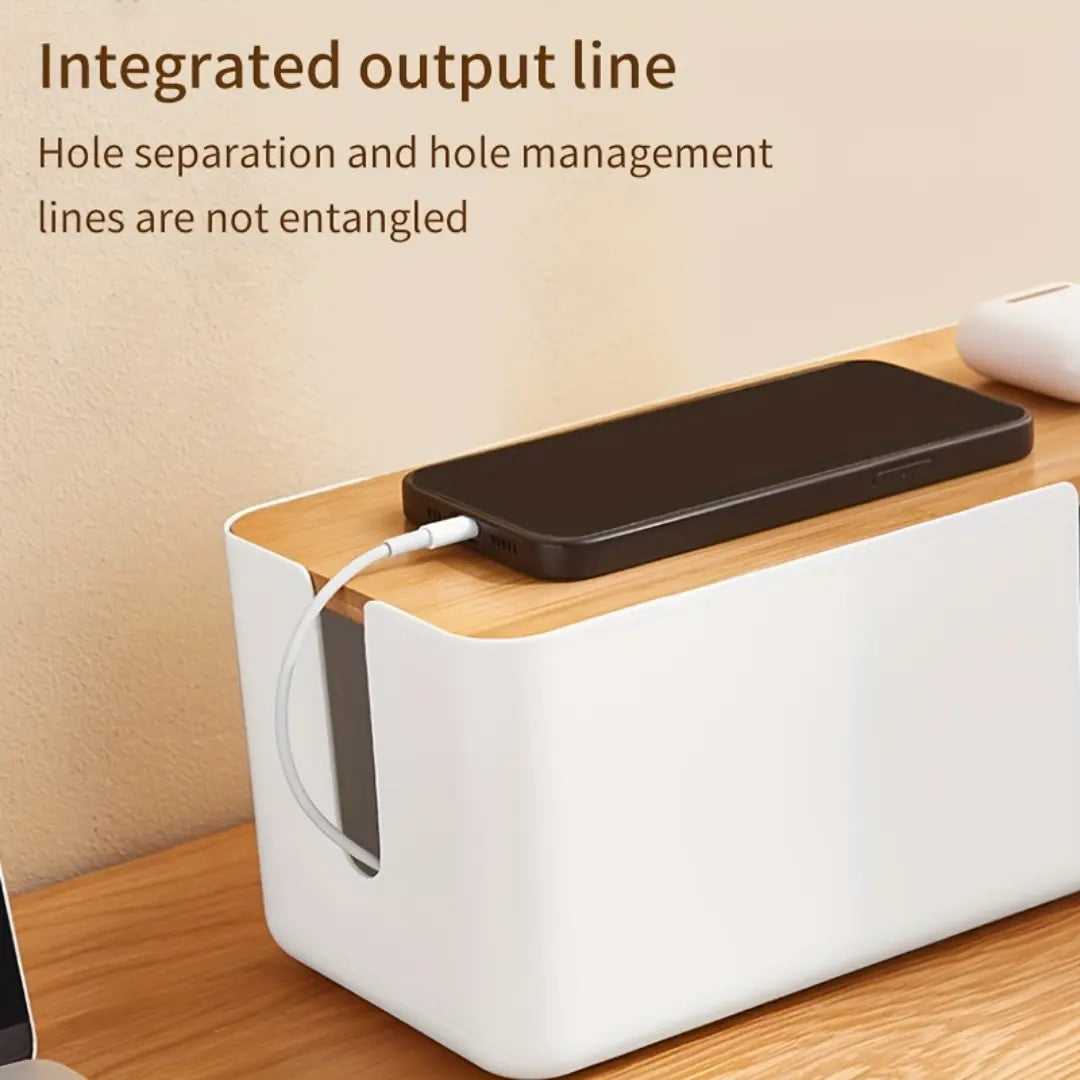 Cable Management Box with Bamboo Cover - Desk and Power Strip Organizer