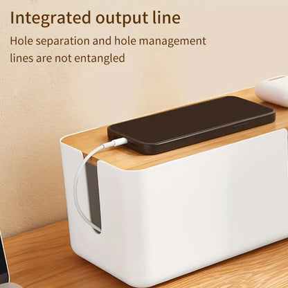 Cable Management Box with Bamboo Cover - Desk and Power Strip Organizer