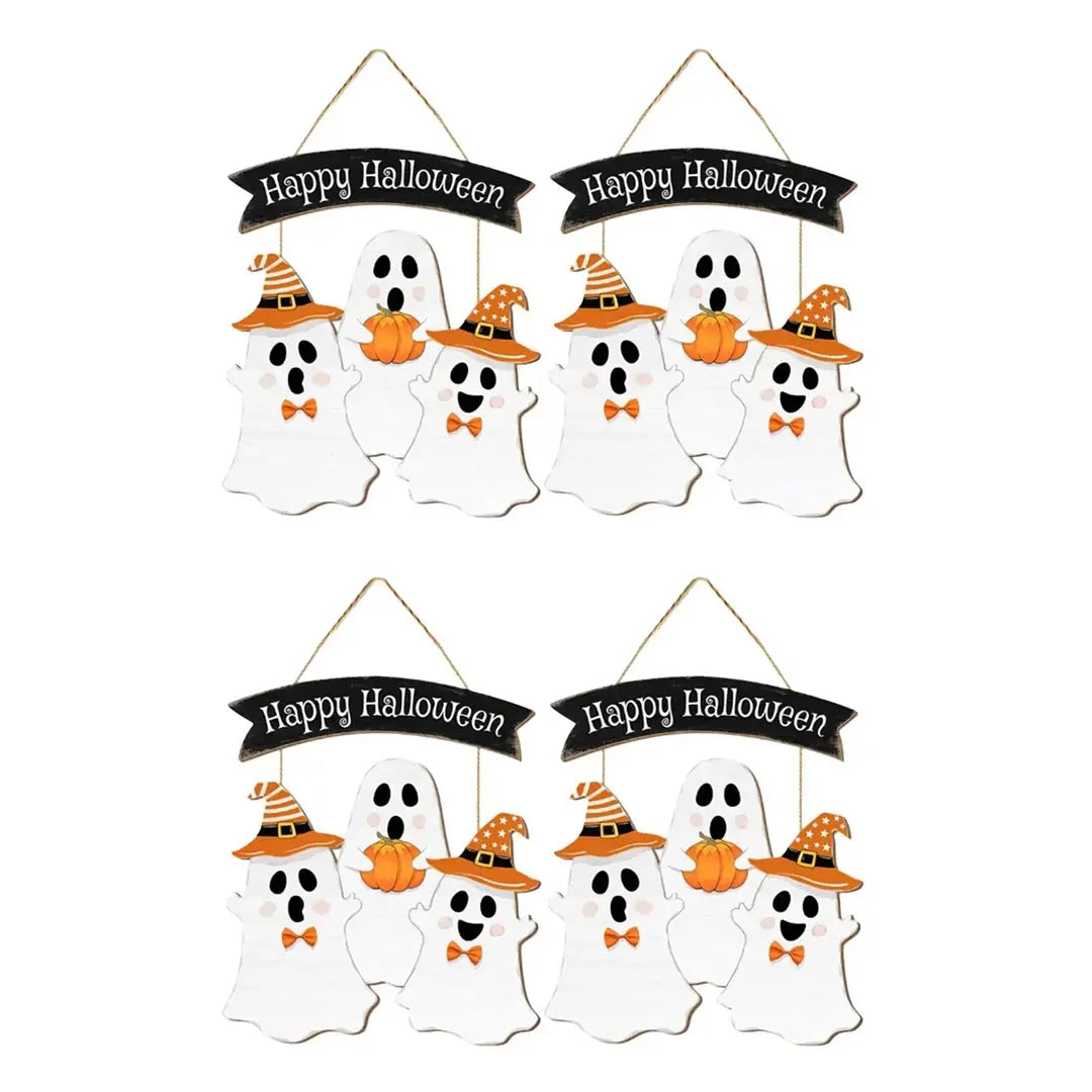 Halloween Wooden Hanging Sign - Ghosts & Pumpkin Design