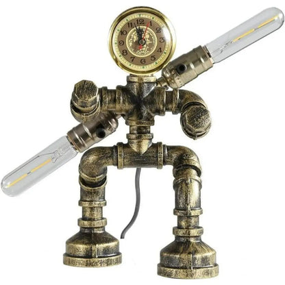 Steampunk Robot Pipe Table Lamp - Vintage Industrial Iron with E27 Bulb Socket