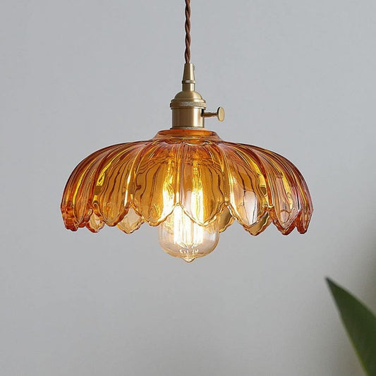 Vintage Floral Hanging Lamp - Glazed Glass Pendant with Elegant Copper Accents