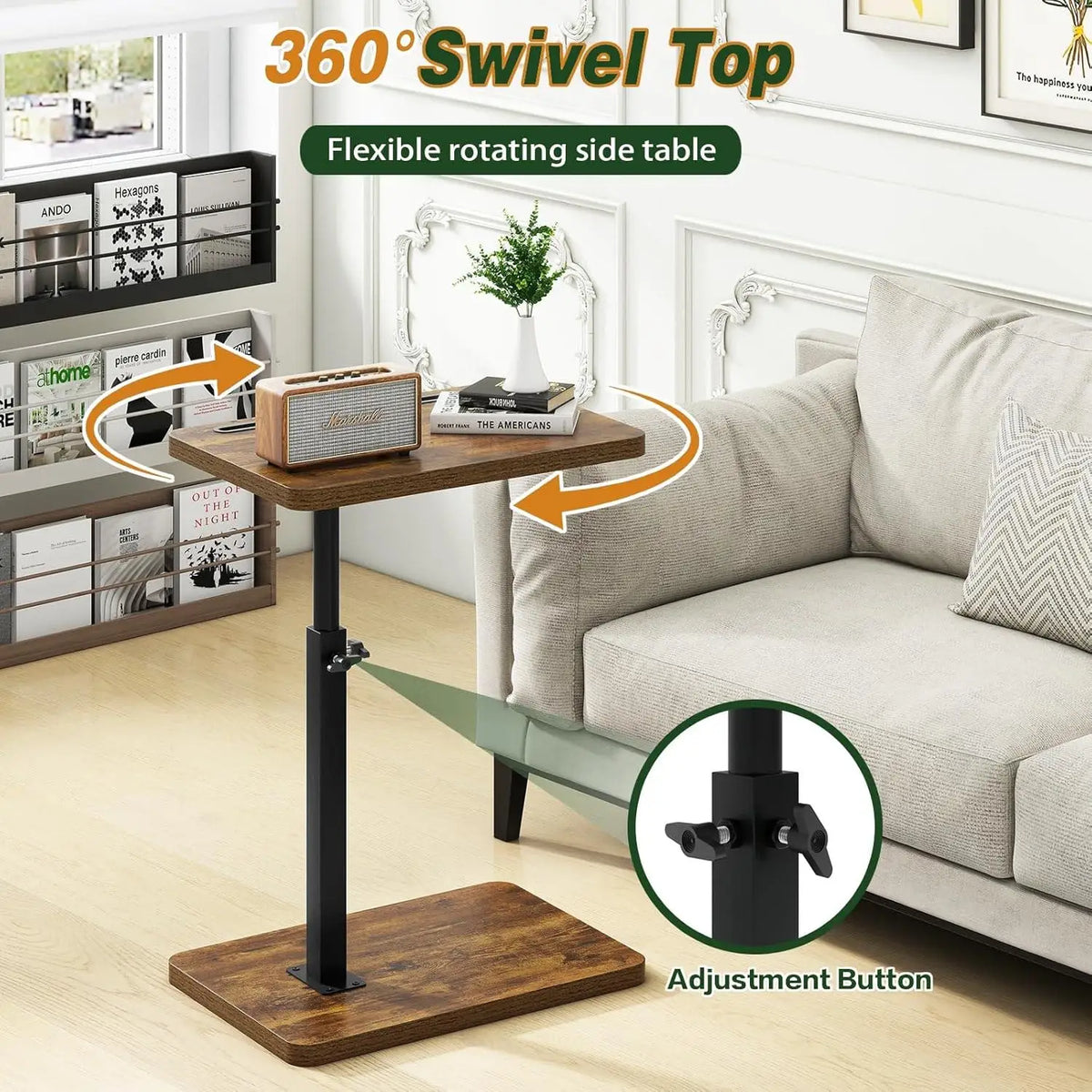 Adjustable C-Shaped Side Table with 360° Swivel Top