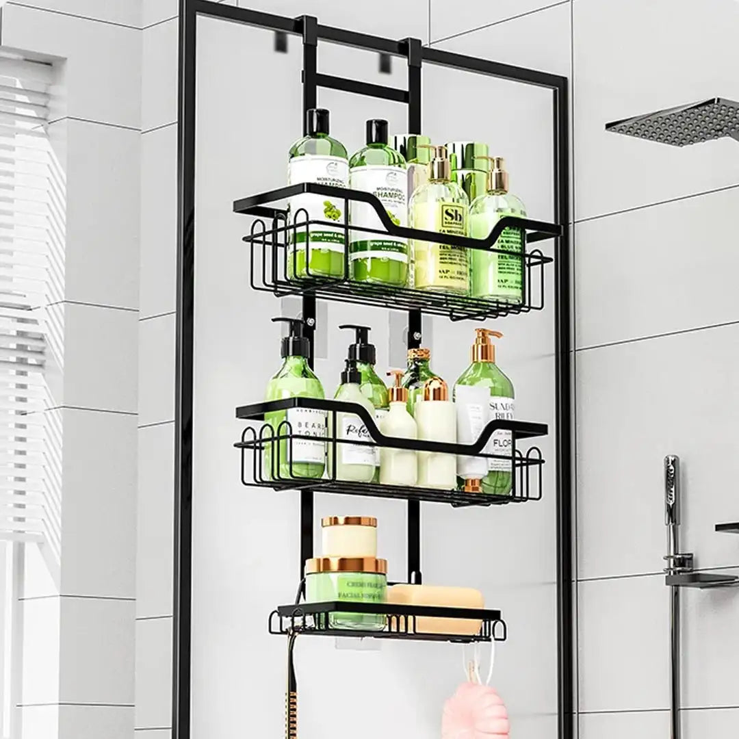 Drill-Free Bathroom Organizer Shelf - Over Door Hanging Rack for Shower Essentials