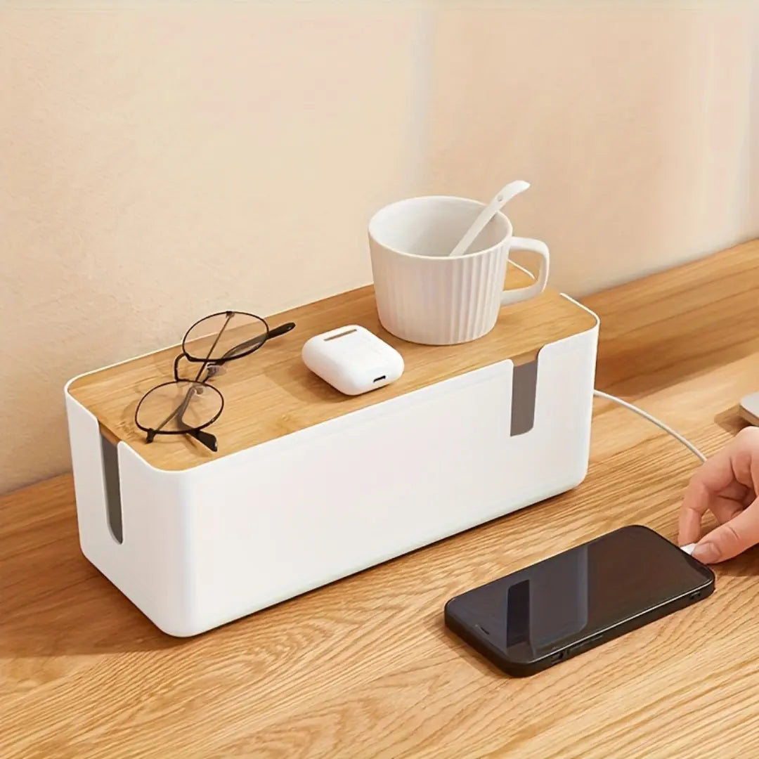 Cable Management Box with Bamboo Cover - Desk and Power Strip Organizer
