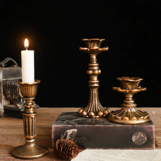 Set of 3 Pcs Vintage Resin Candlestick Holders - Antique Bronze Taper Candle Stands