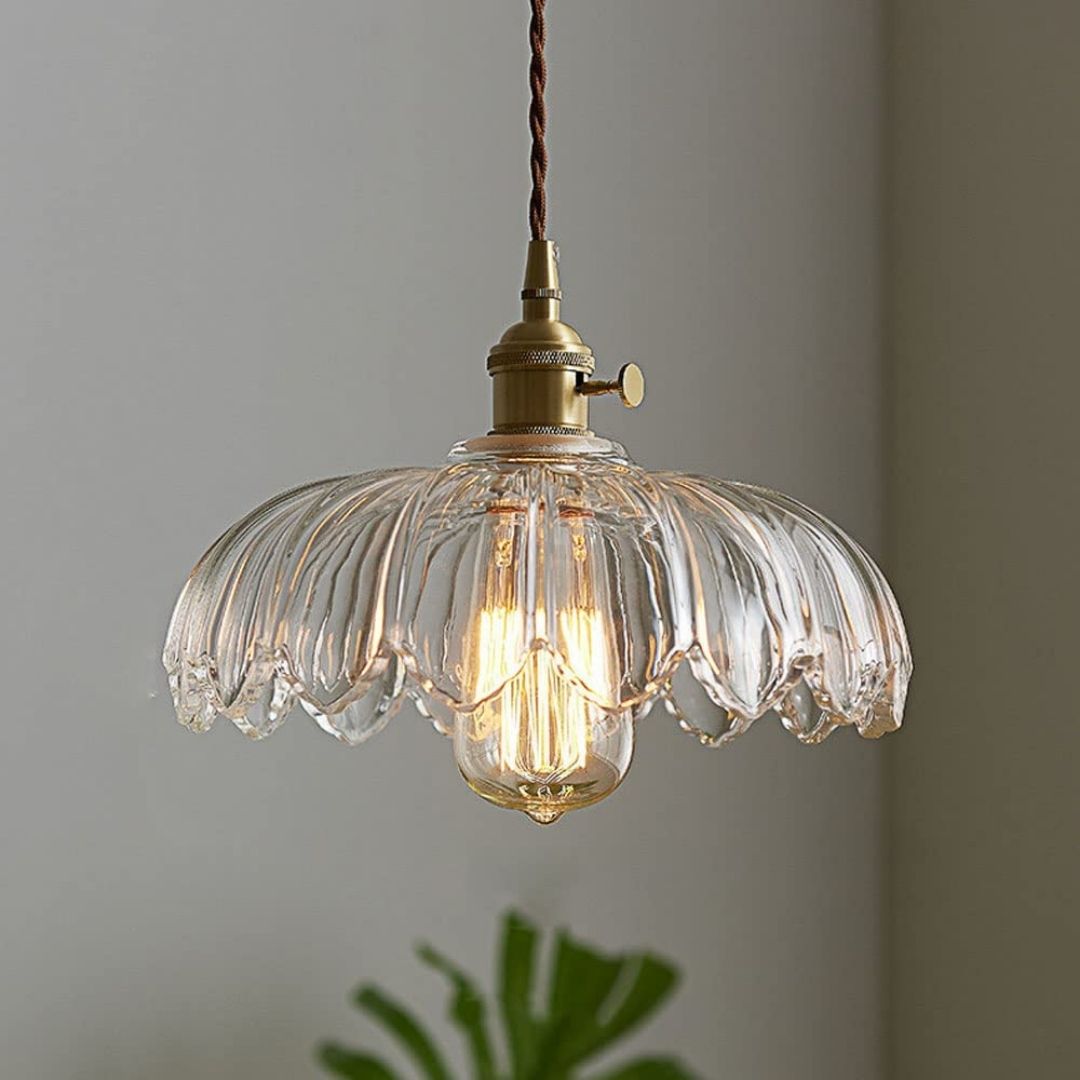 Vintage Floral Hanging Lamp - Glazed Glass Pendant with Elegant Copper Accents