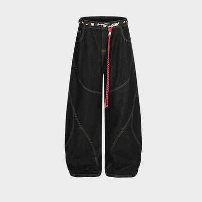 Barrel-Wave Patchwork Denim with Braided Belt
